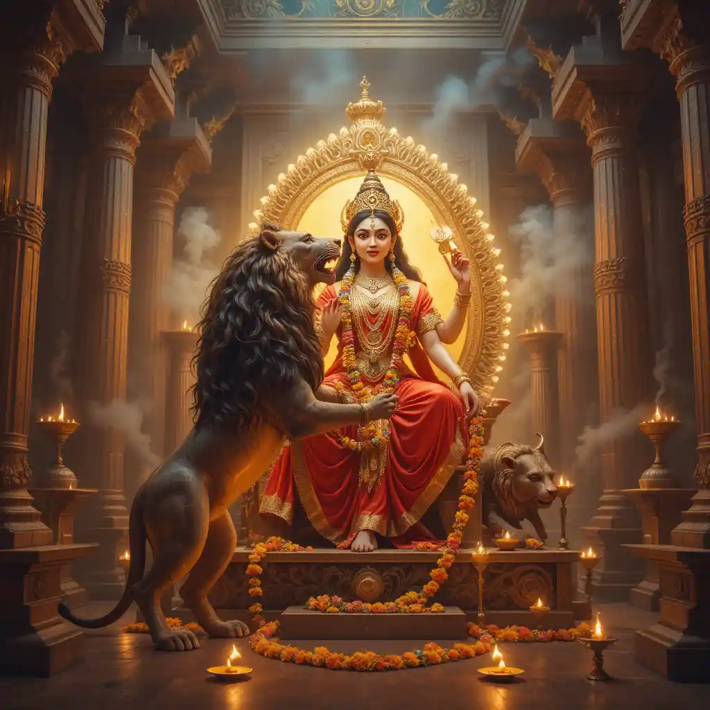 Löwe legt Göttin Durga im Tempelinneren eine Blumengirlande um