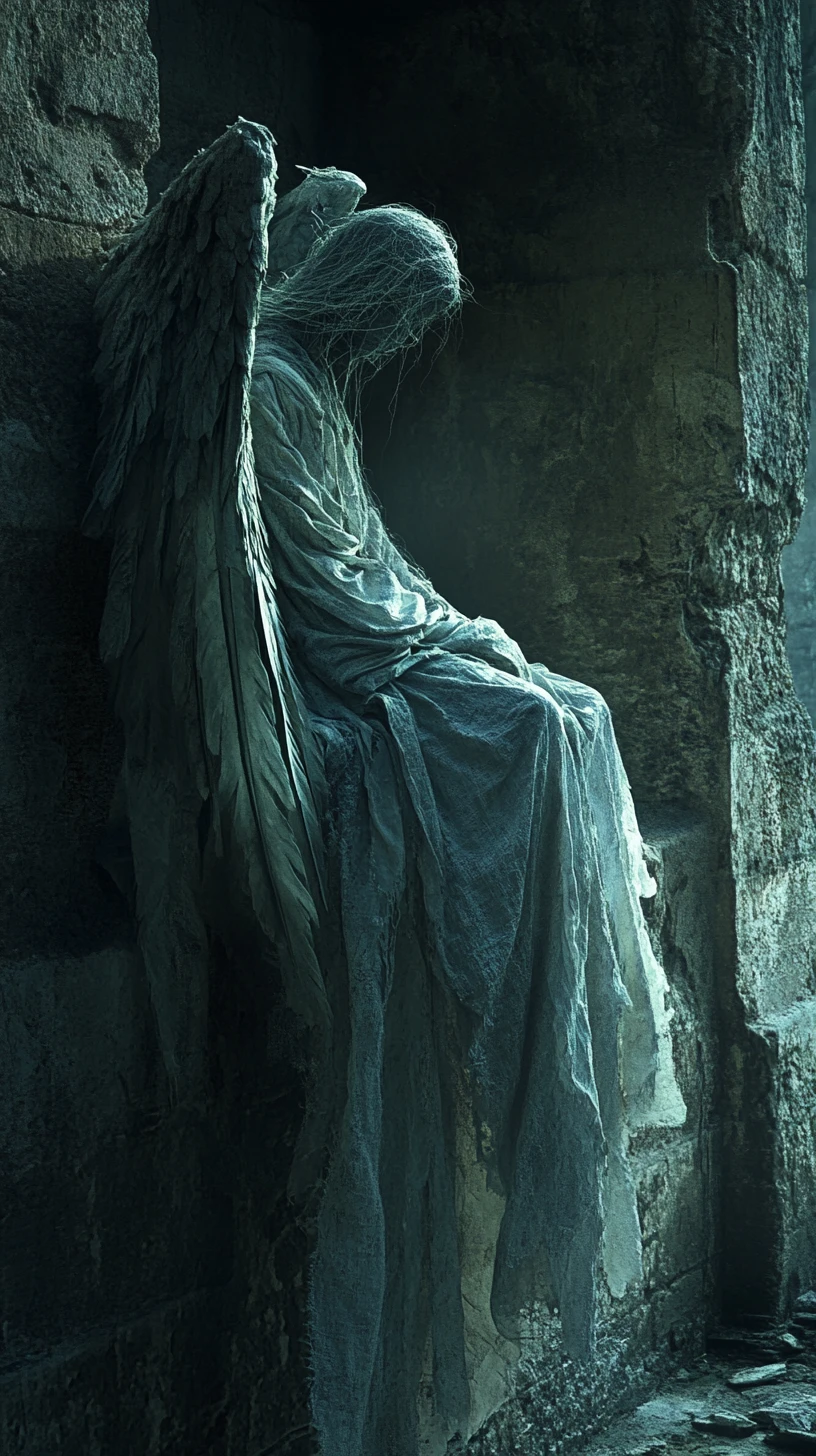 Anjo de asas esfarrapadas em um nicho escuro de antiga torre