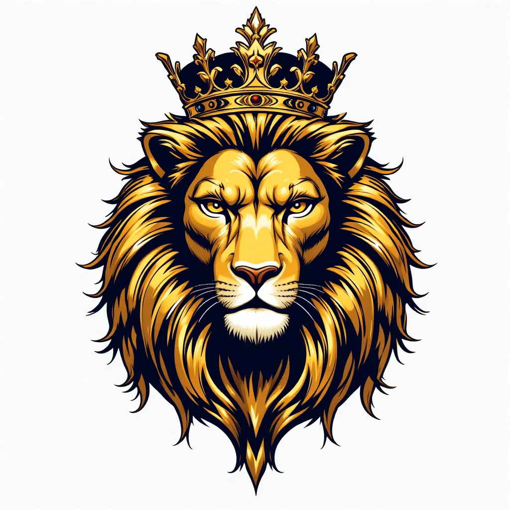 Lion doré couronné dans un emblème vectoriel symétrique et audacieux