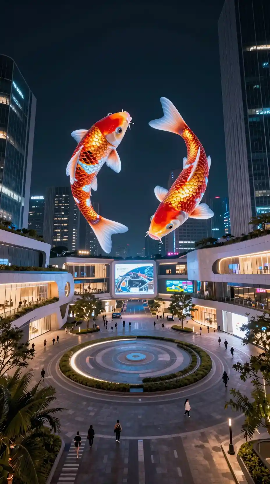 Futuristic city square with holographic koi above at night