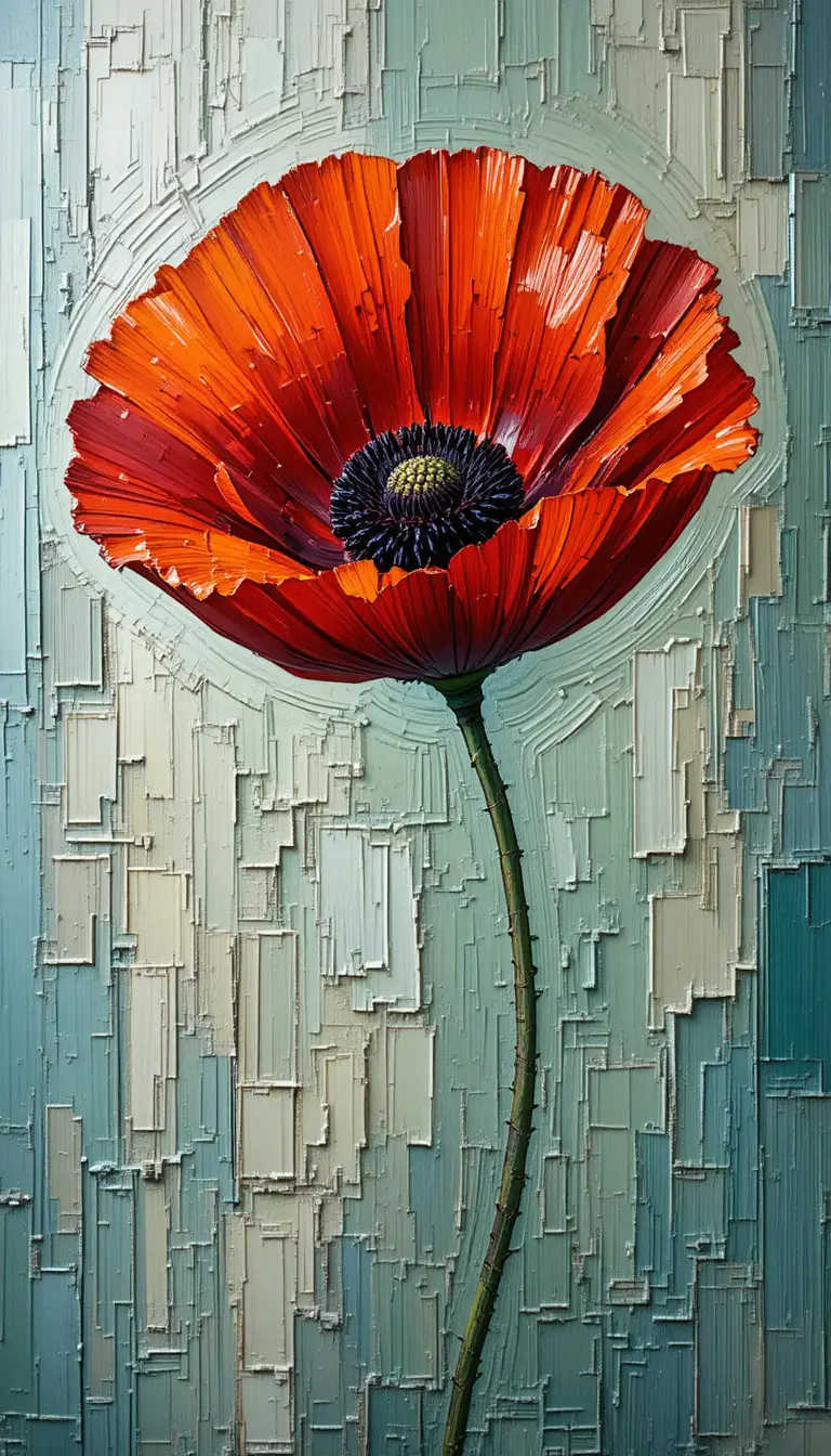 Impasto-Nahaufnahme einer einzelnen roten Mohnblume