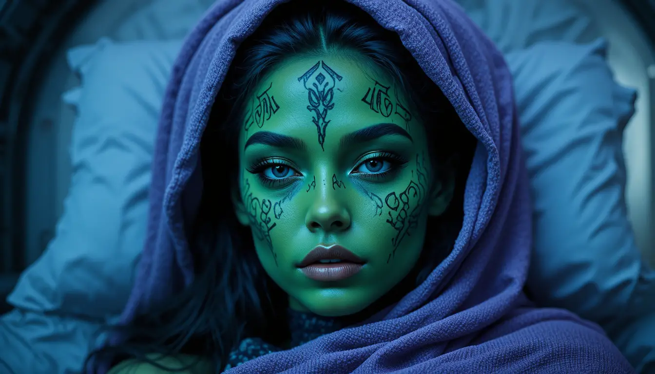 Mulher alienígena de pele verde em cabine escura de nave espacial