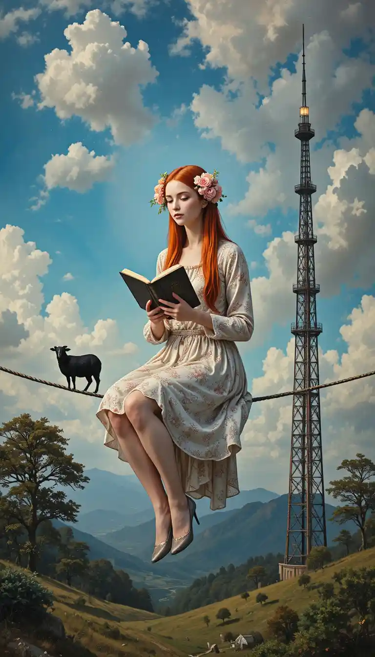 Surreal red haired woman reading on a steel wire