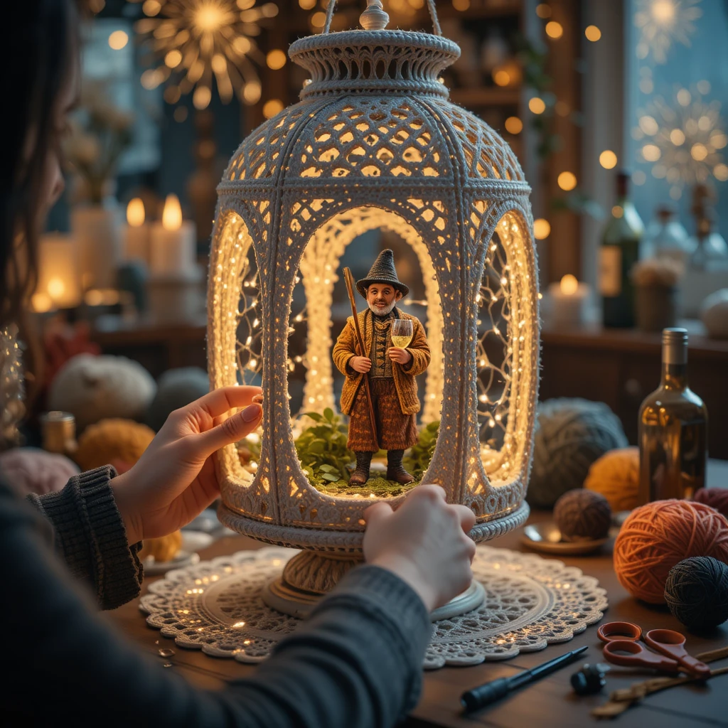 Gros plan sur un ouvrage au crochet créant une lanterne festive de Nouvel An