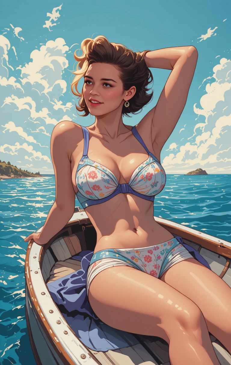 Jovem em lingerie vintage deitada em um barco
