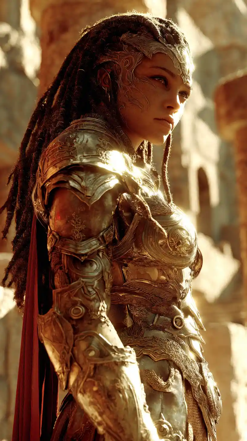 Alien warrior queen in a sunlit ancient stone courtyard