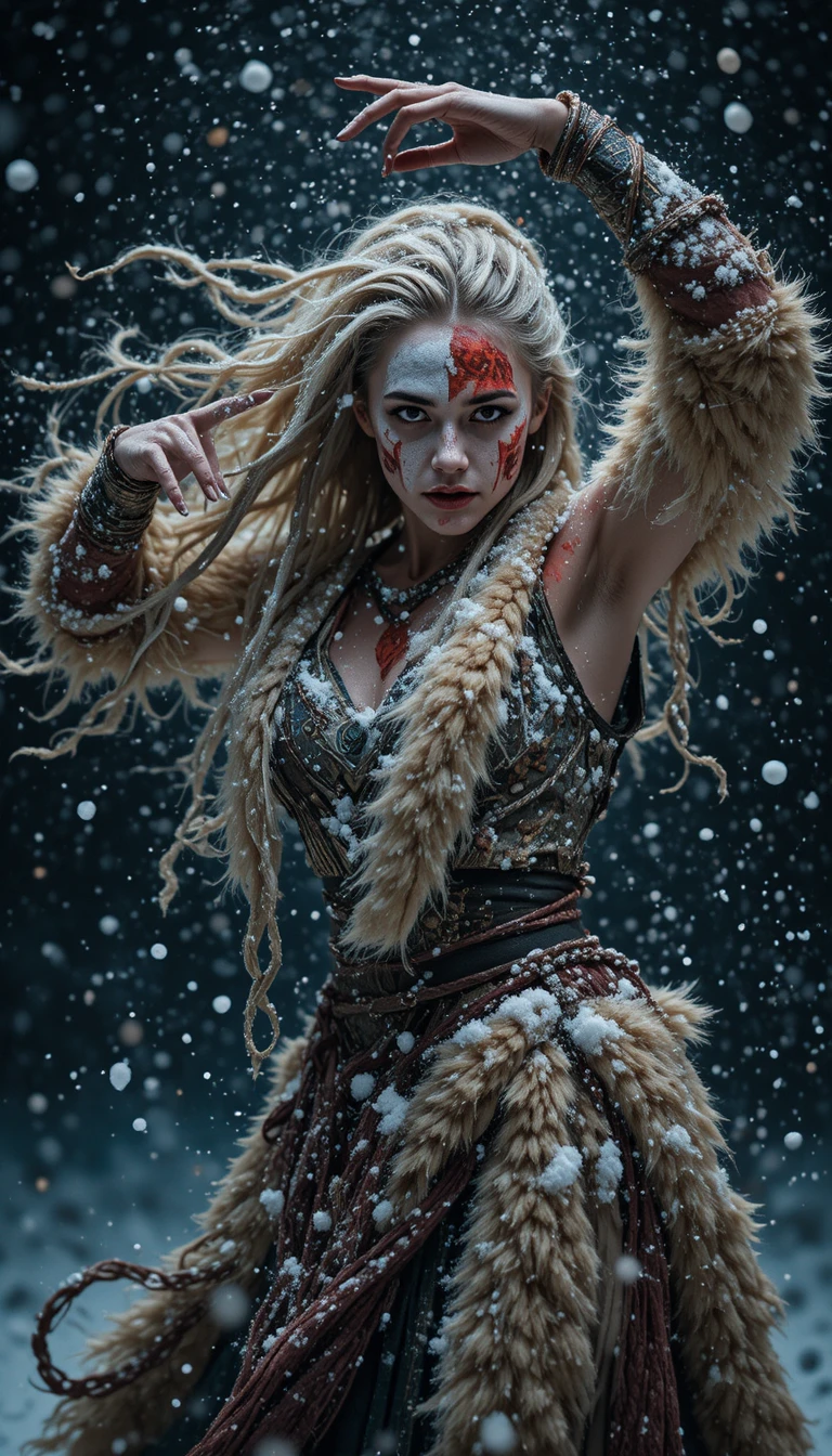 Mujer guerrera bailando bajo la nieve con pintura de guerra tribal