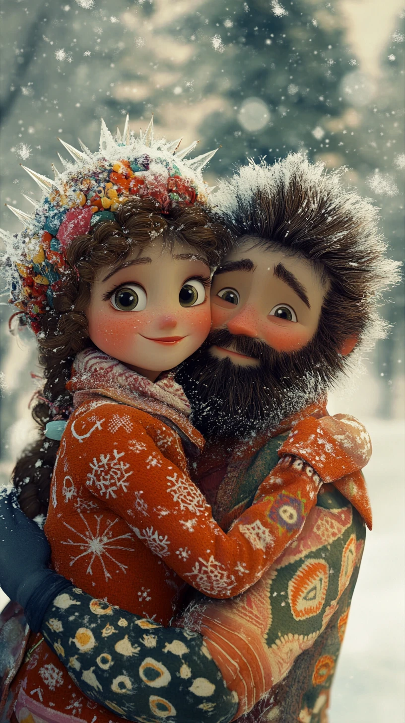 Affectionate couple in snowy fantasy illustration landscape
