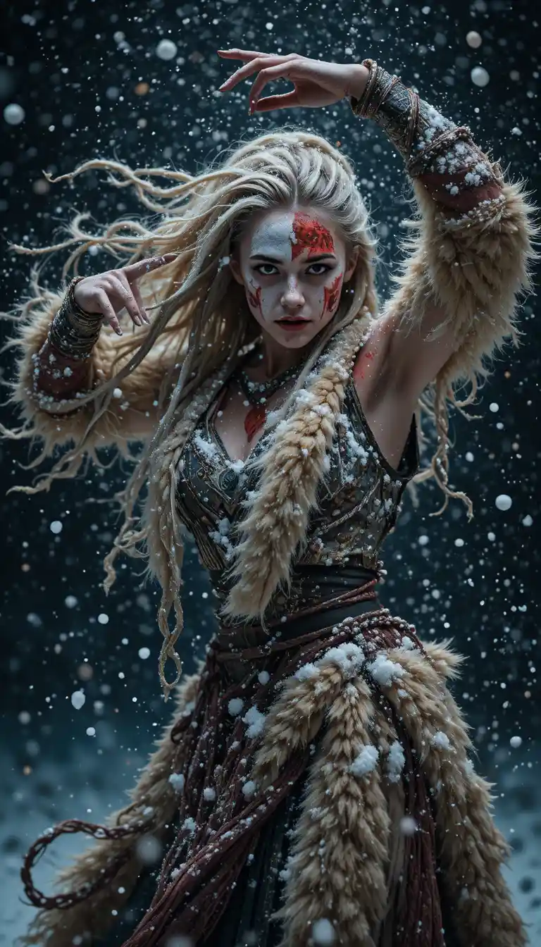 부족 전사 페인트를 한 여전사가 내리는 눈 속에서 춤추는 모습