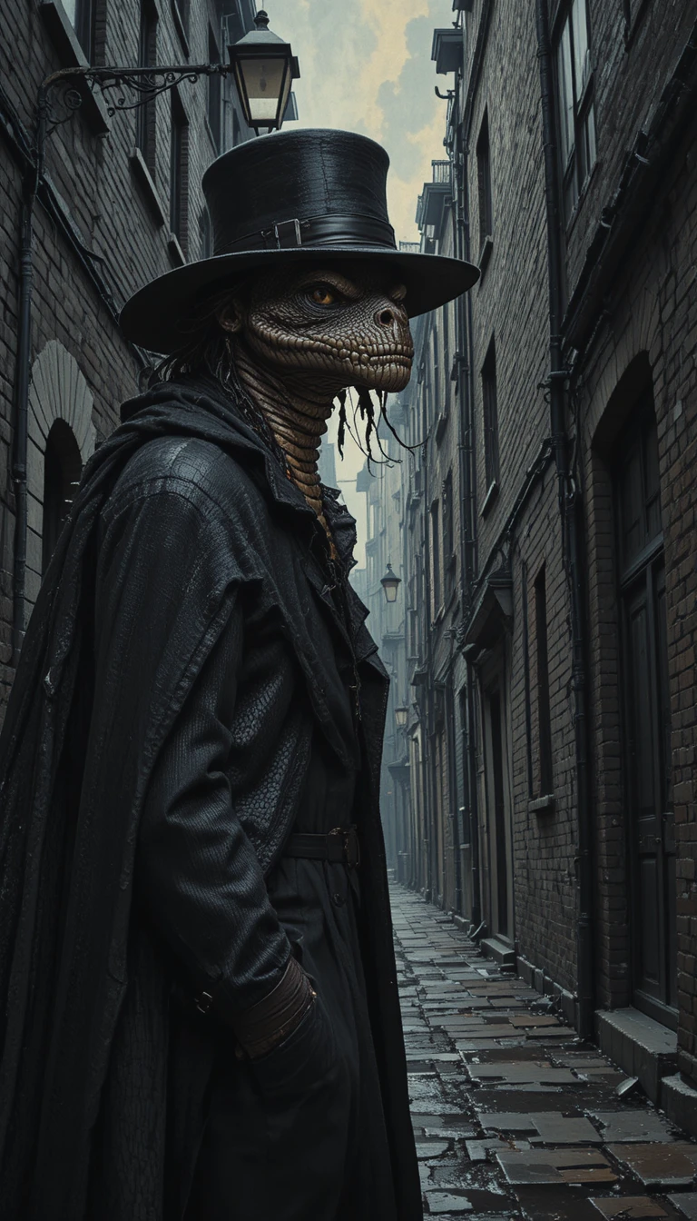 Creatura serpente noir con cappello e cappotto in un vicolo buio