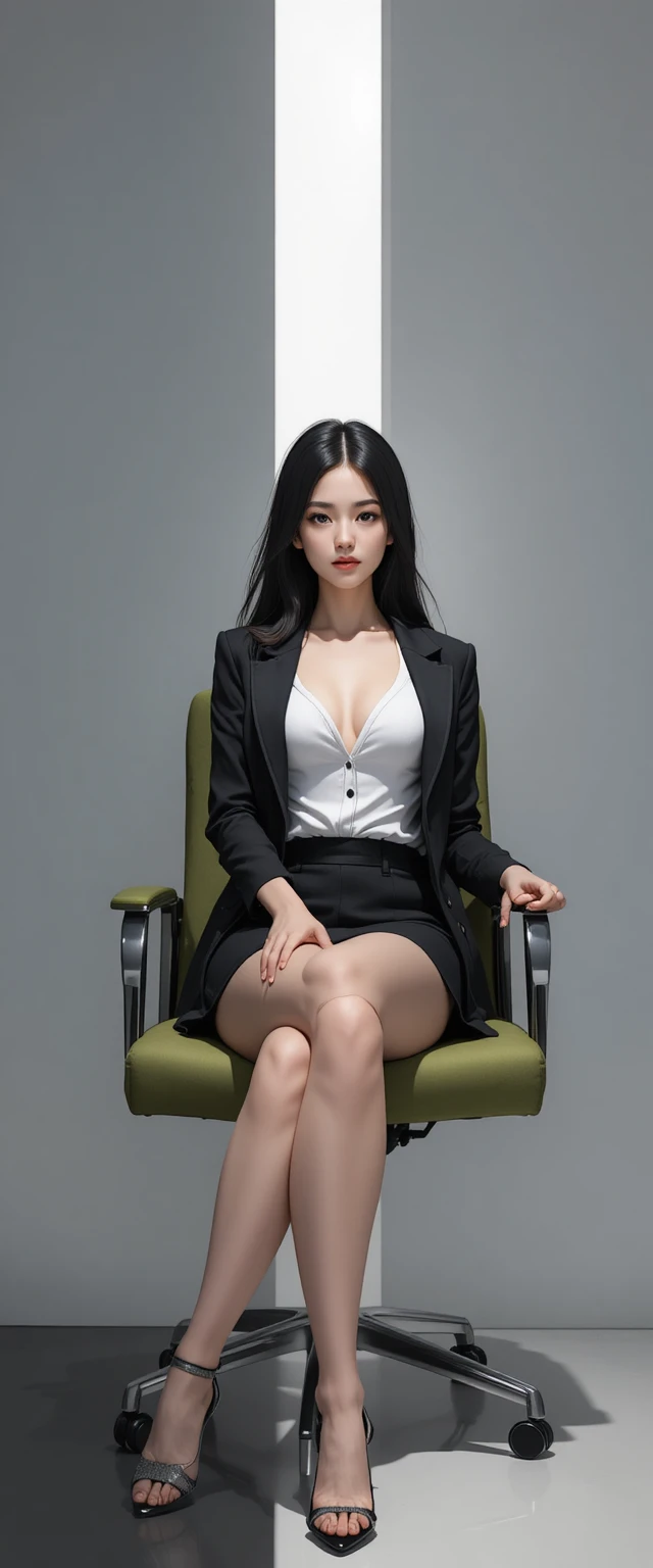 Elegante donna in stile anime seduta su una moderna sedia da ufficio verde