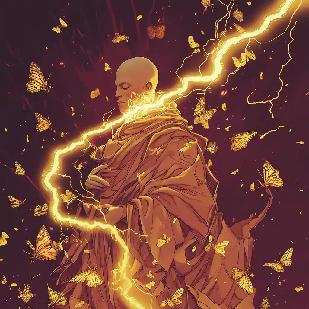 Ghostly monk struck by lightning on burgundy album cover