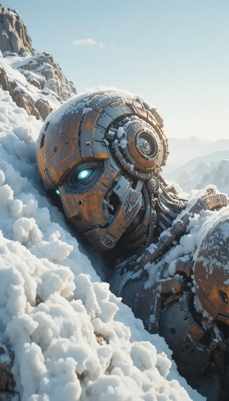 Ancient cybernetic war machine buried in icy mountain snow