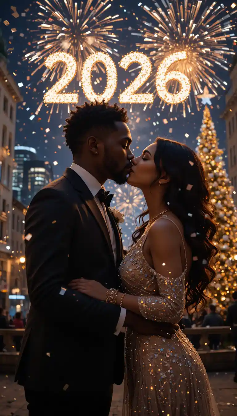 Couple s’embrassant sous les feux d’artifice dans une ville festive à minuit