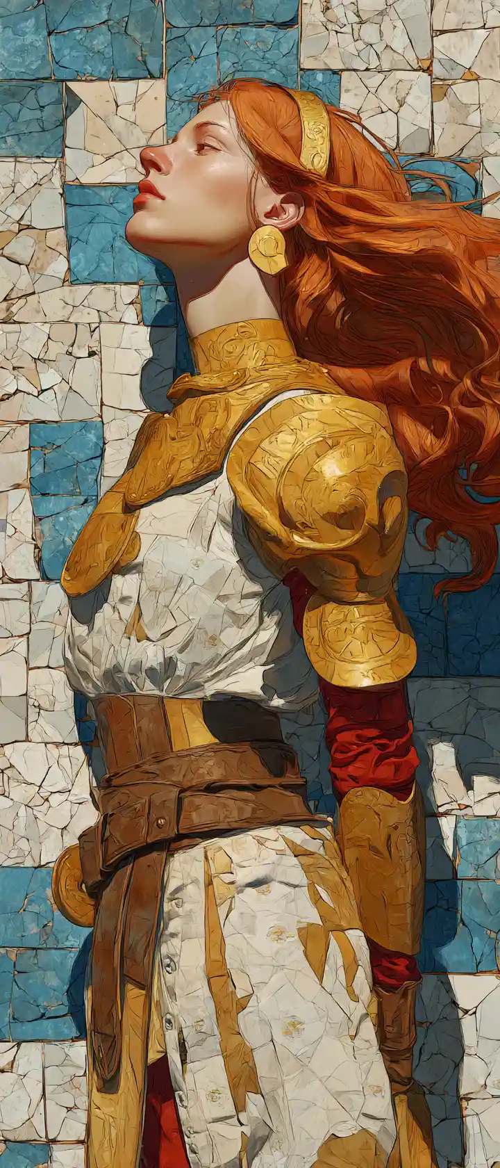 Red haired warrior woman in golden armor collage