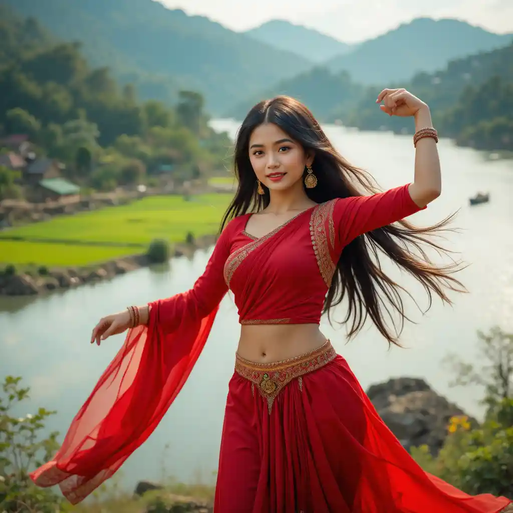 Ragazza di un villaggio del Bangladesh che balla sul lungofiume