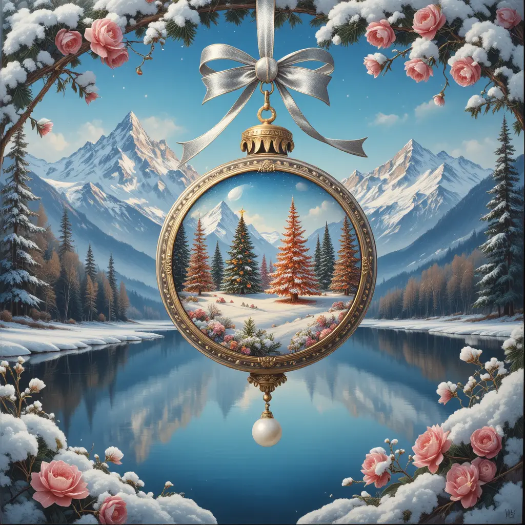 Snowy mountain landscape with festive christmas ornament