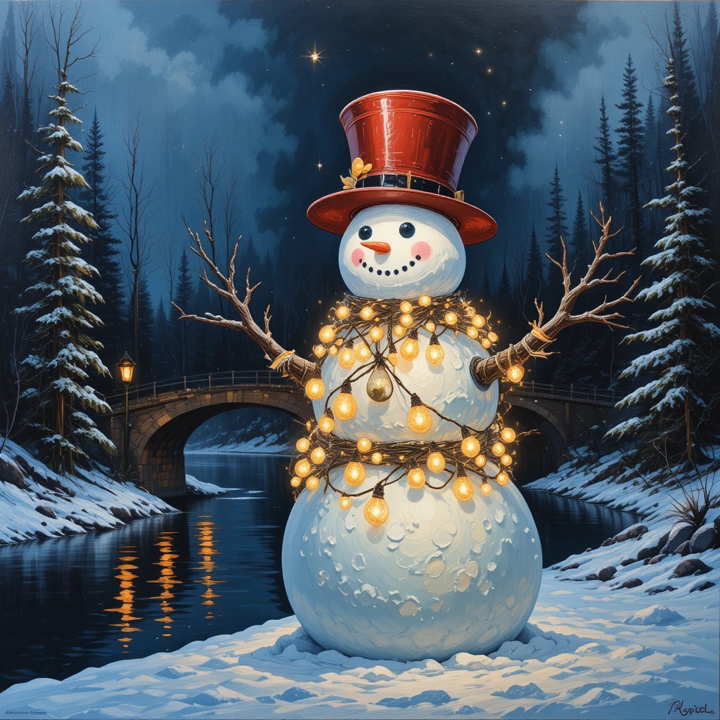 Colorful snowman on a snowy riverbank with glowing lights