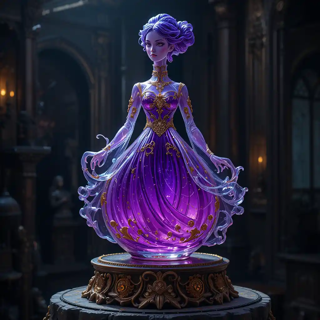 Enchanted fantasy perfume bottle with golden robed statue topper