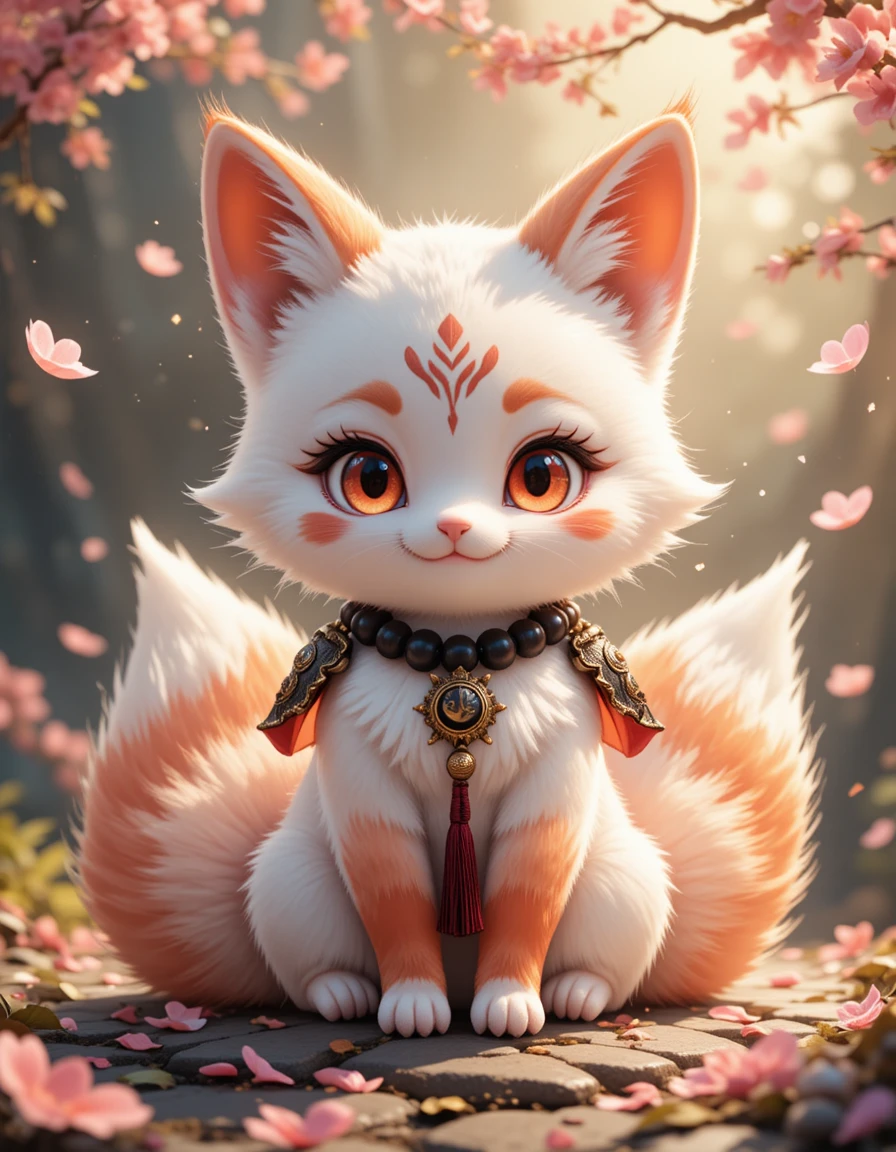 Fofo raposinho branco chibi com terço e caudas