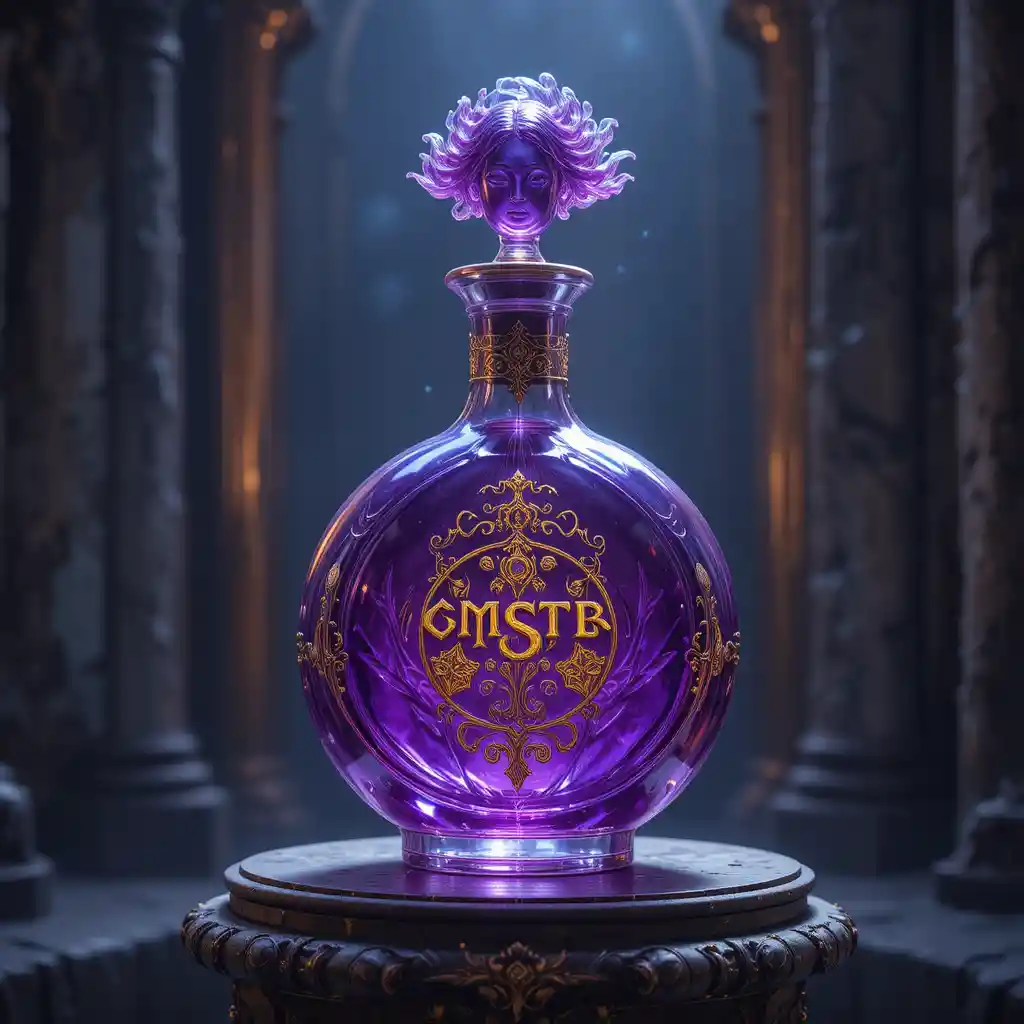 Enchanted fantasy perfume bottle with golden robed statue