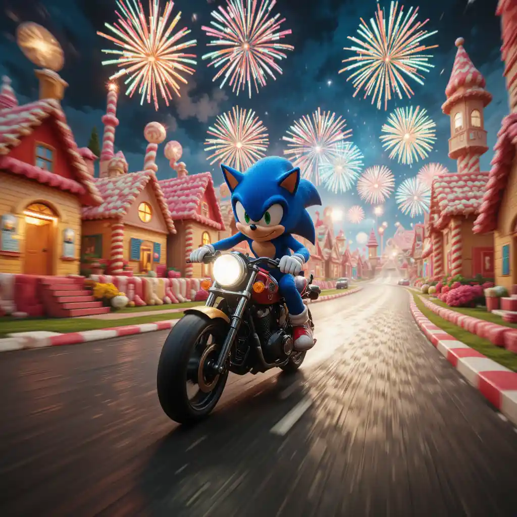 Motorbike chase through a colorful candy world