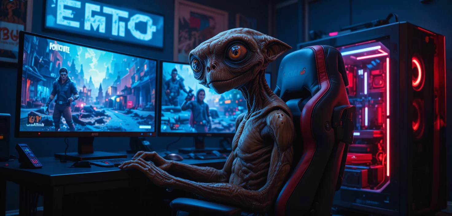 Gamer alienígena em sala de jogos neon com três monitores