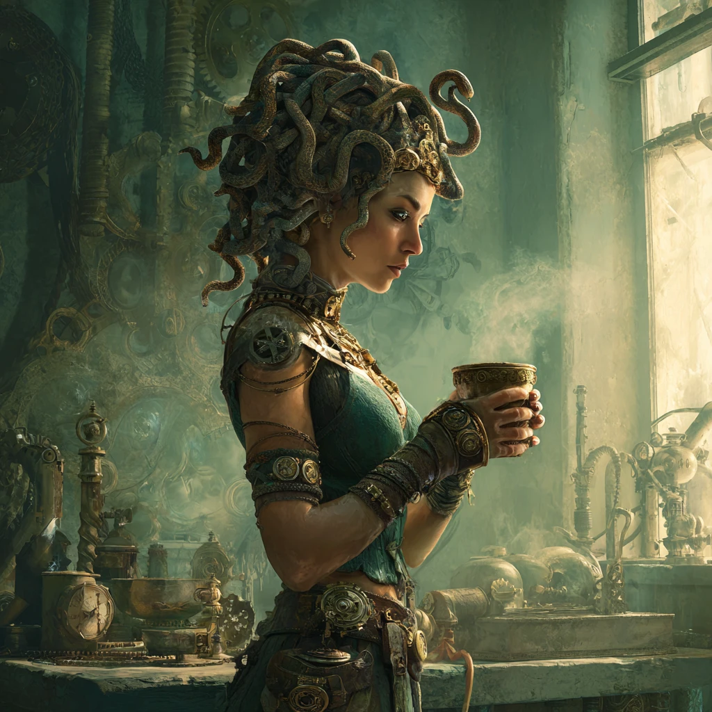 Steampunk Medusa With Serpent Hair In A Dark Workshop