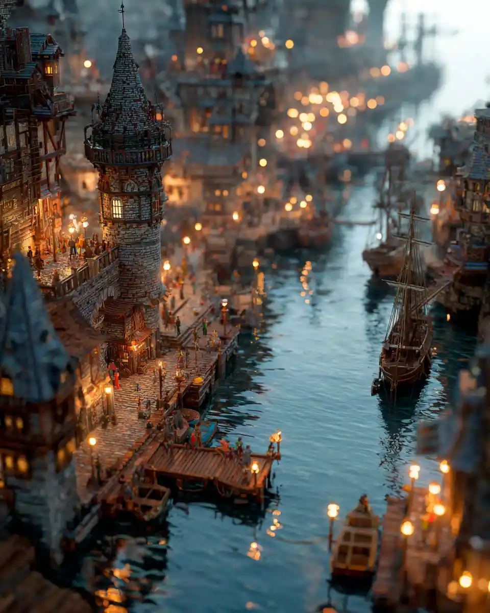 Città costiera fantastica in miniatura con porto al tramonto sereno