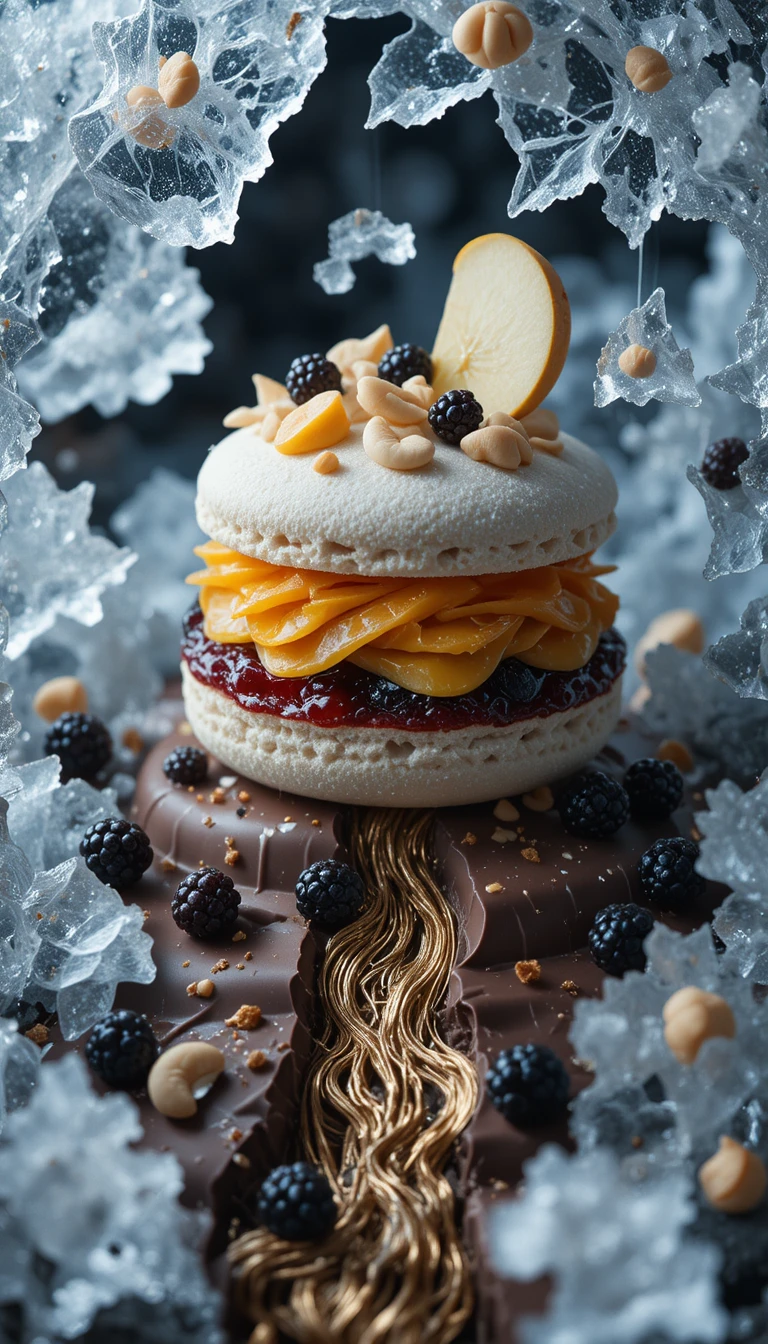 Sobremesa surreal com macaron e chocolate dourado em espiral