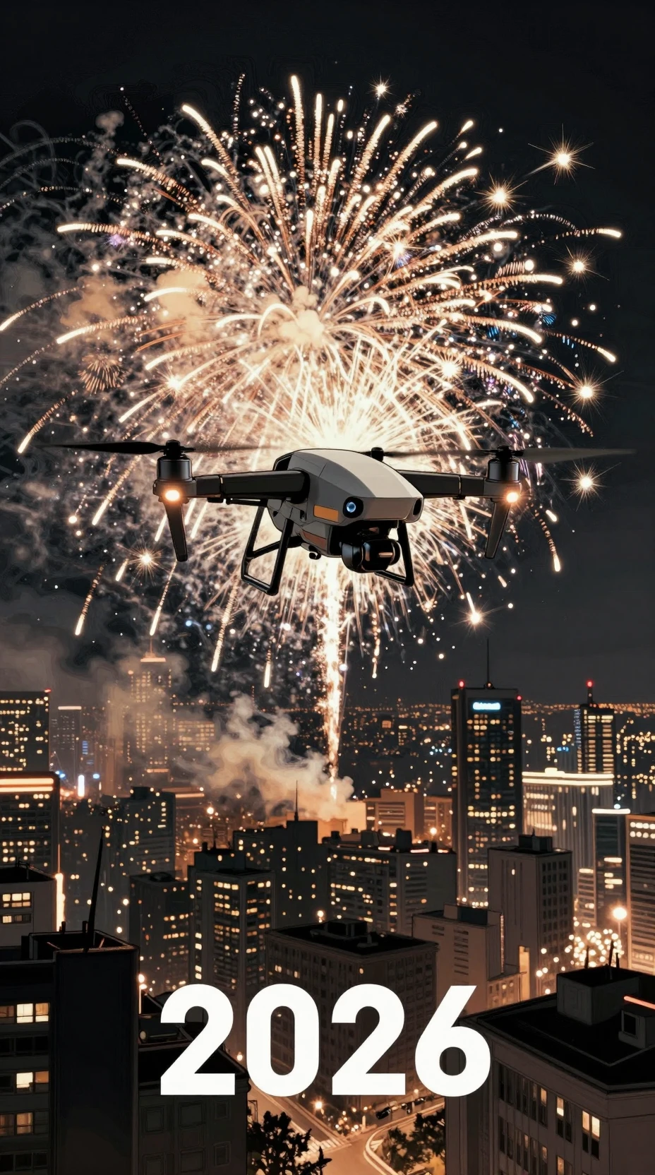 Drone flying through exploding fireworks above a city