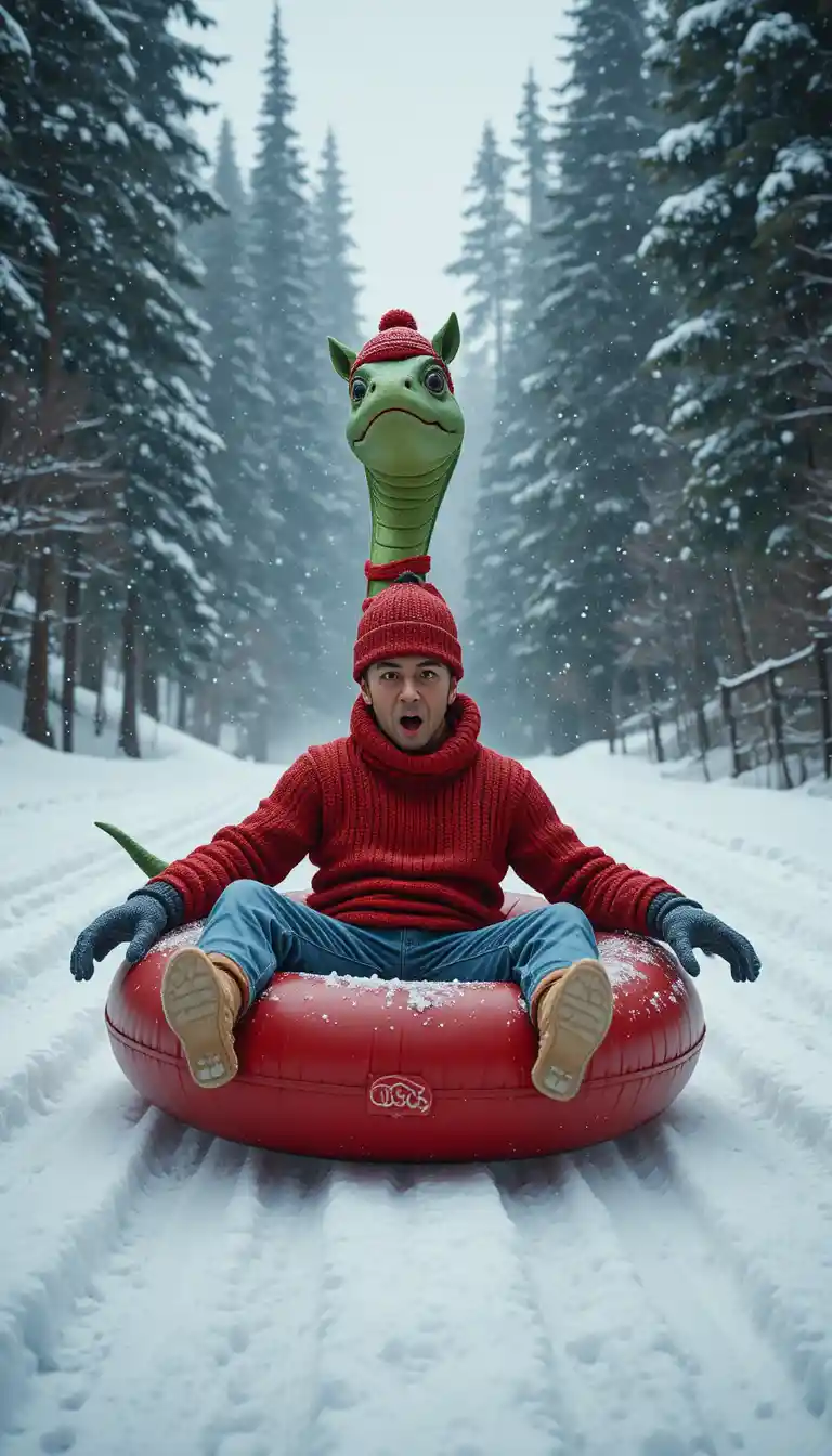Man horse and snake speeding on red snow tube