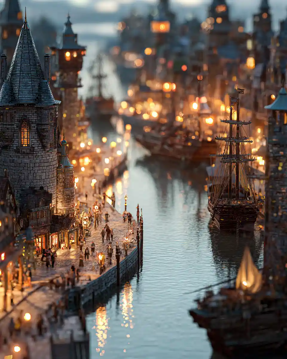 Miniature fantasy harbor city at sunset with glowing lanterns