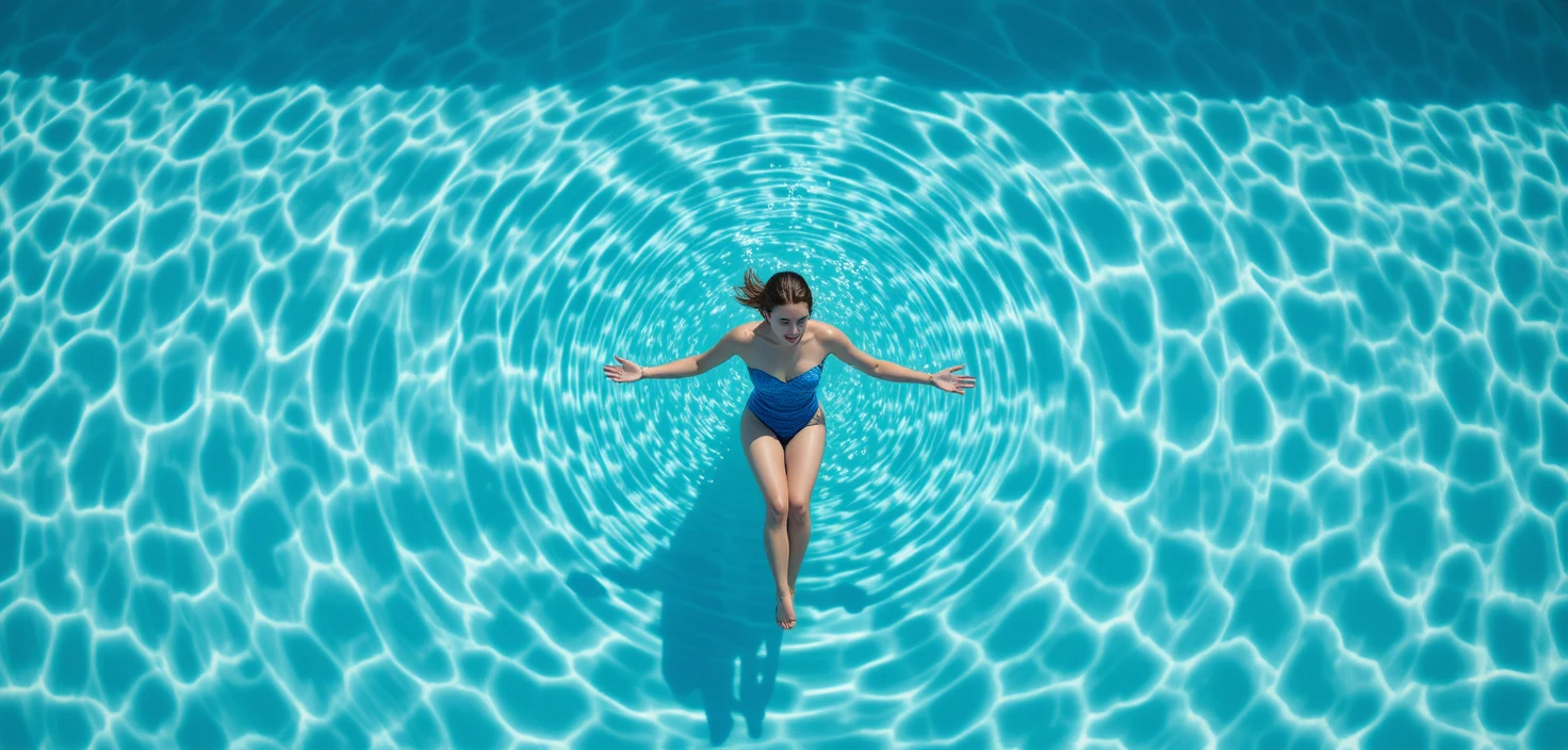 Mujer nadando en una piscina turquesa vista desde arriba