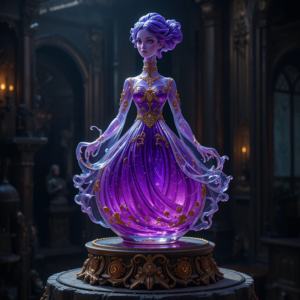 Verzauberte Fantasy-Parfumflasche mit goldgewandeter Statuenfigur