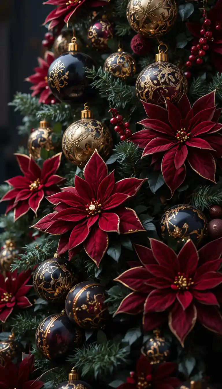 Albero di Natale lussuoso con decorazioni bordeaux e oro