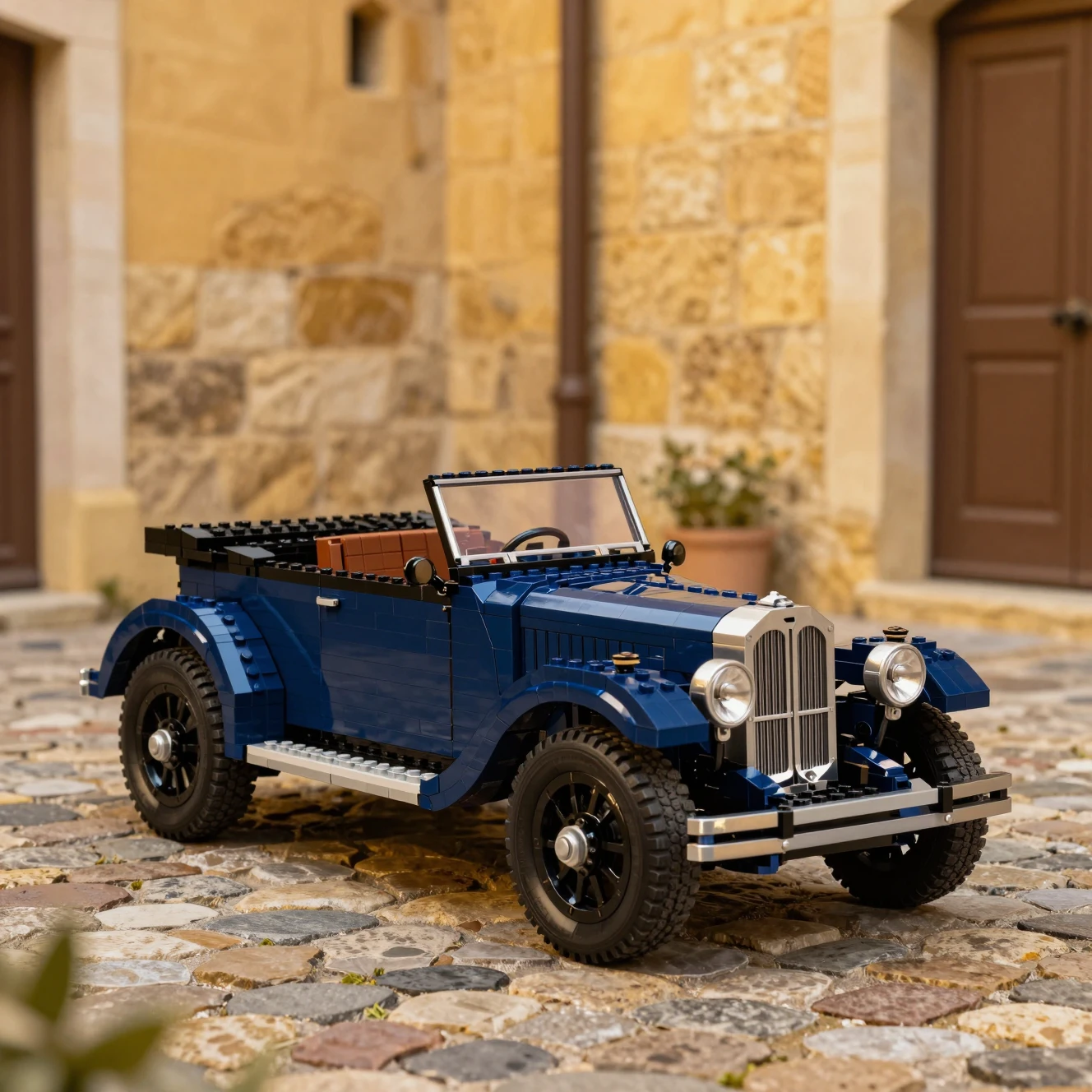 Carro Citroën vintage de Lego em pátio de pedra banhado de sol