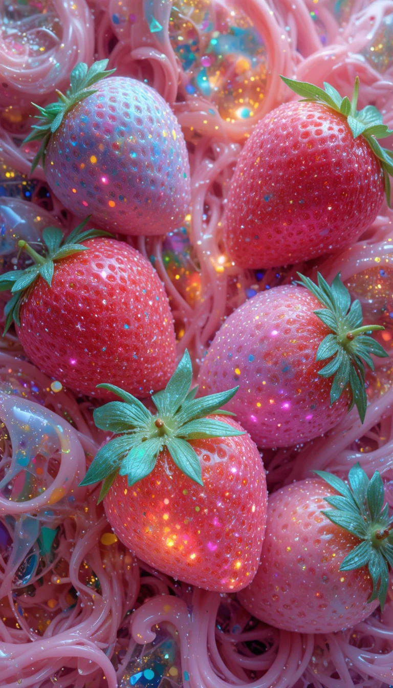 Formas de Morango Brilhantes em Cena Fantástica de Microfibra Neon