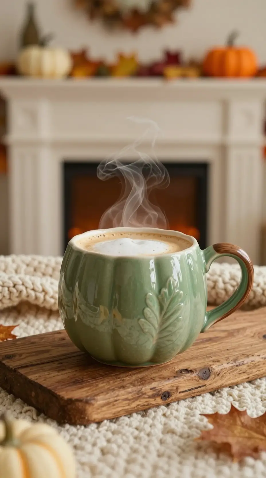 Tazza di caffè a forma di zucca su plaid lavorato a maglia vicino al caminetto