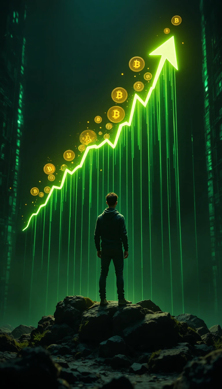 Jovem trader de criptomoedas sob um gráfico financeiro ascendente e brilhante