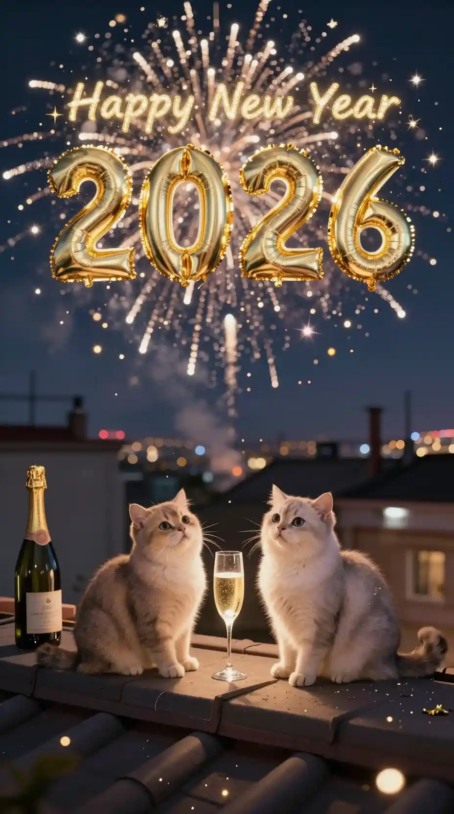 2026年の新年を屋上で祝う2匹のかわいい猫