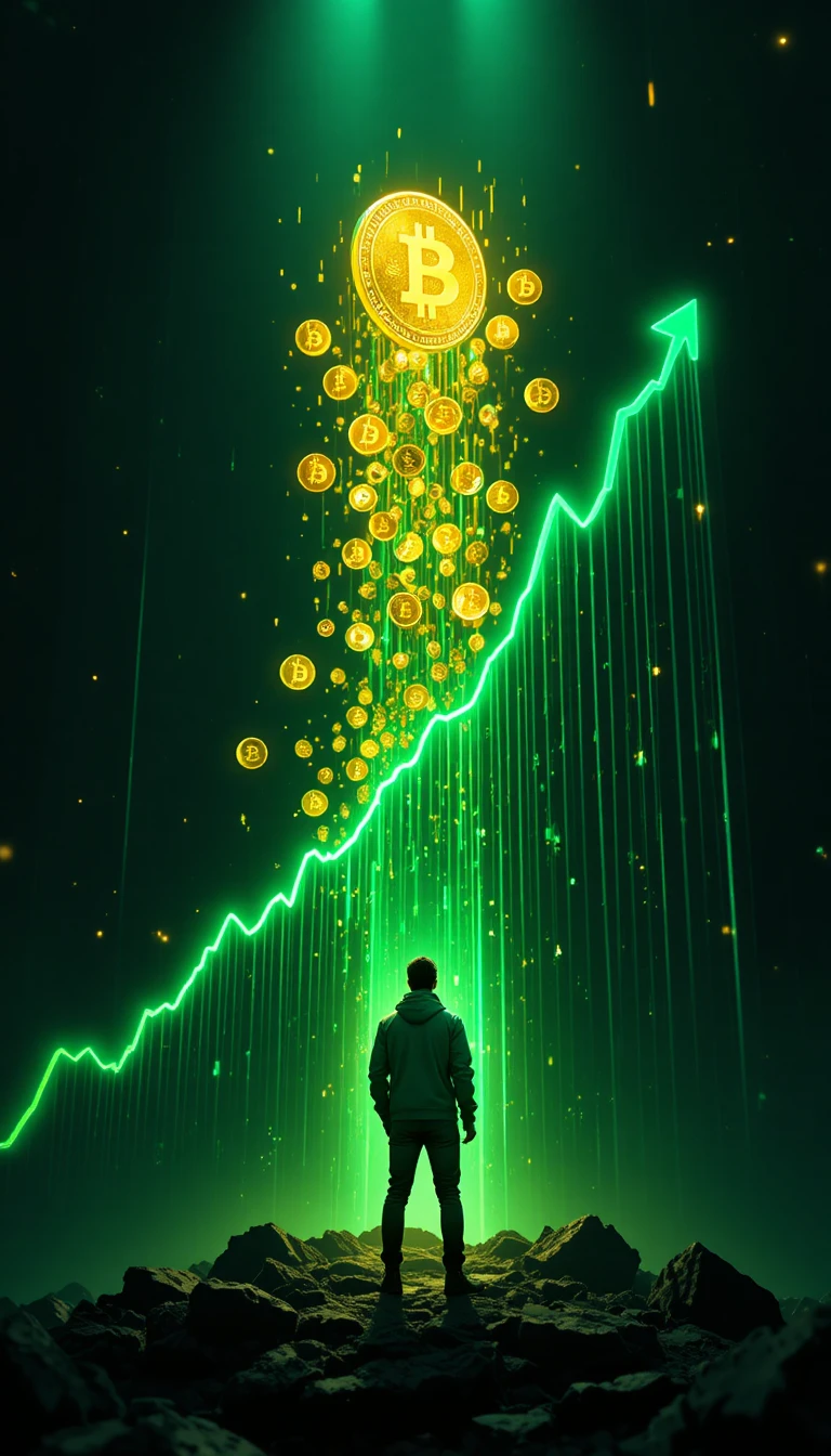 Jovem trader de criptomoedas sob um gráfico digital de lucros em alta