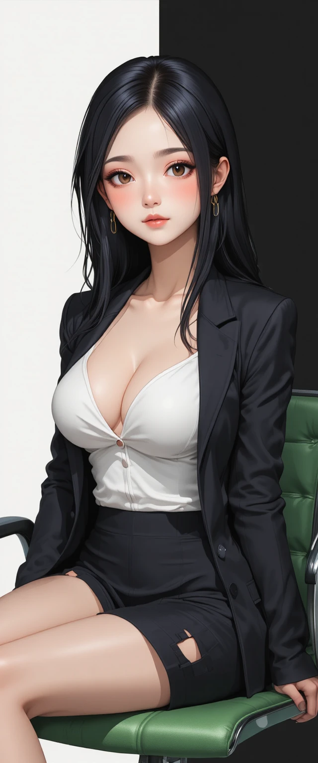 Elegante donna in stile anime seduta su una moderna sedia da ufficio verde
