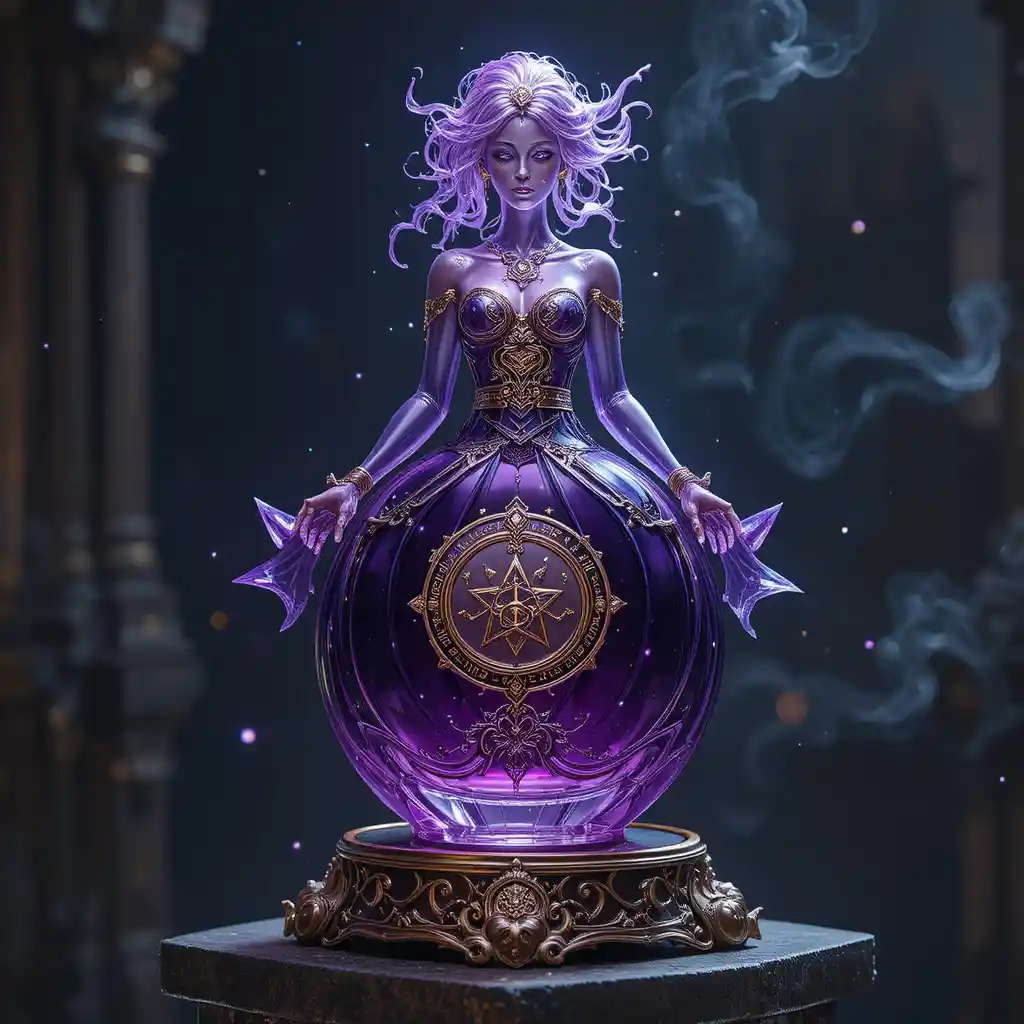Enchanted fantasy perfume bottle with golden robed statue topper