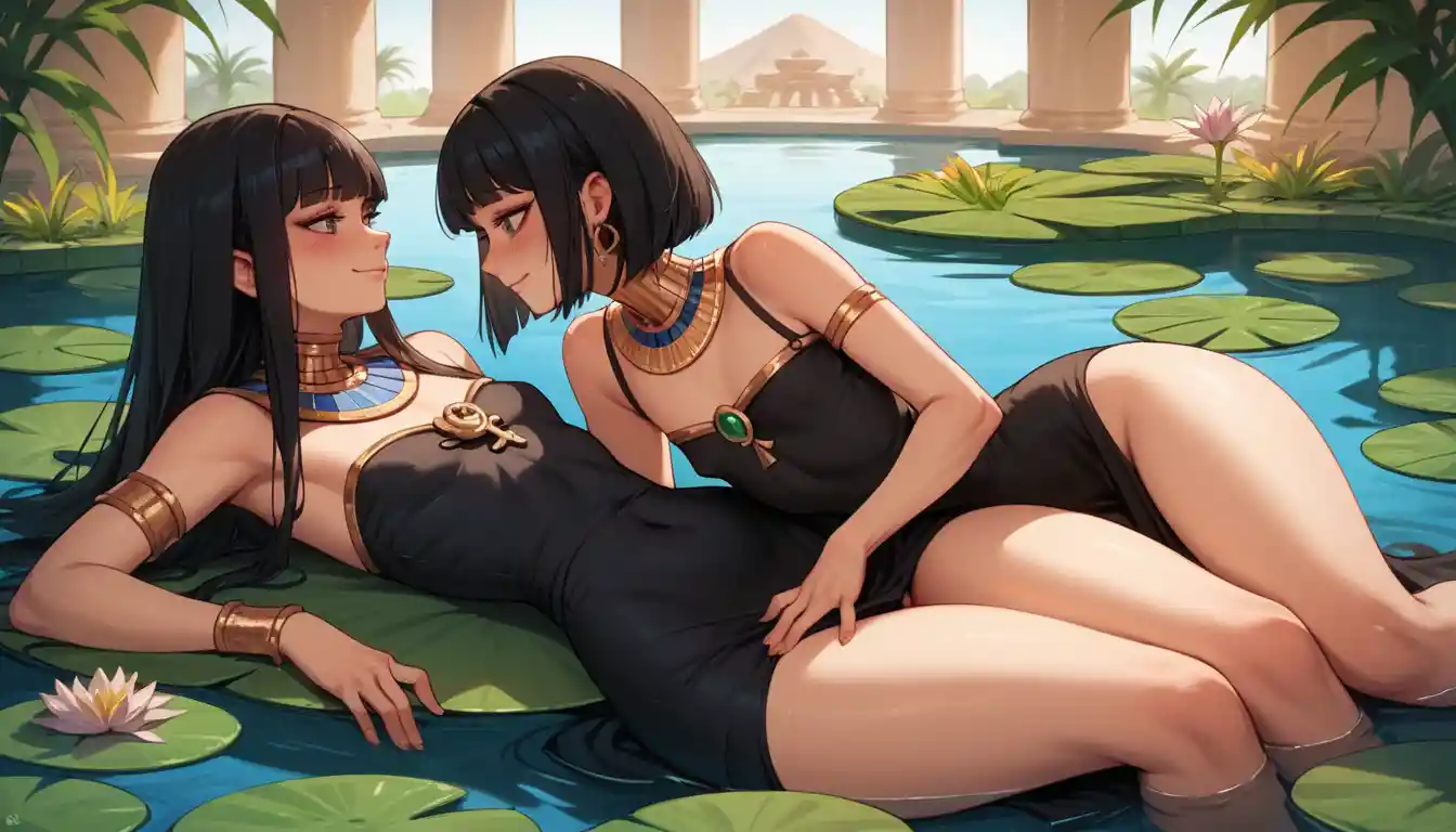 Two anime girls lying together in a tranquil pond