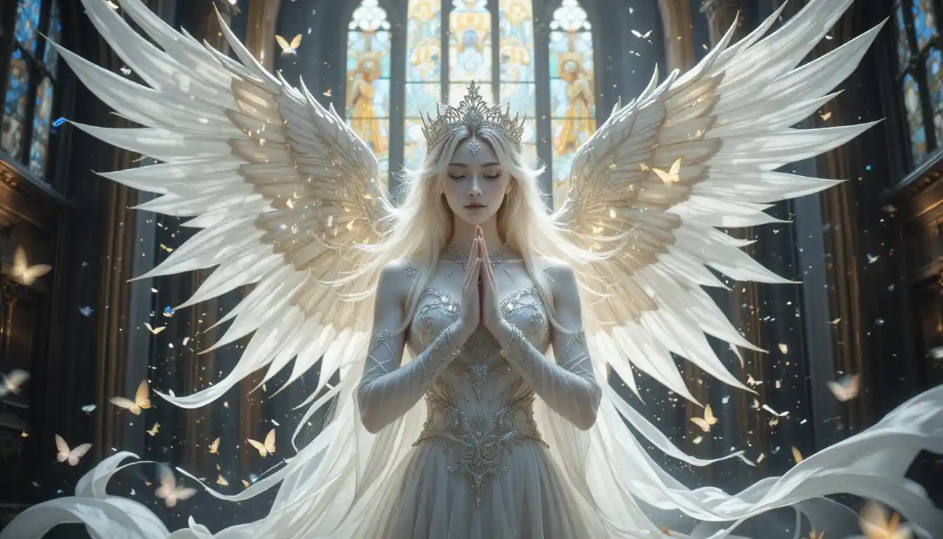 Angel queen in silk gown praying in a dark church