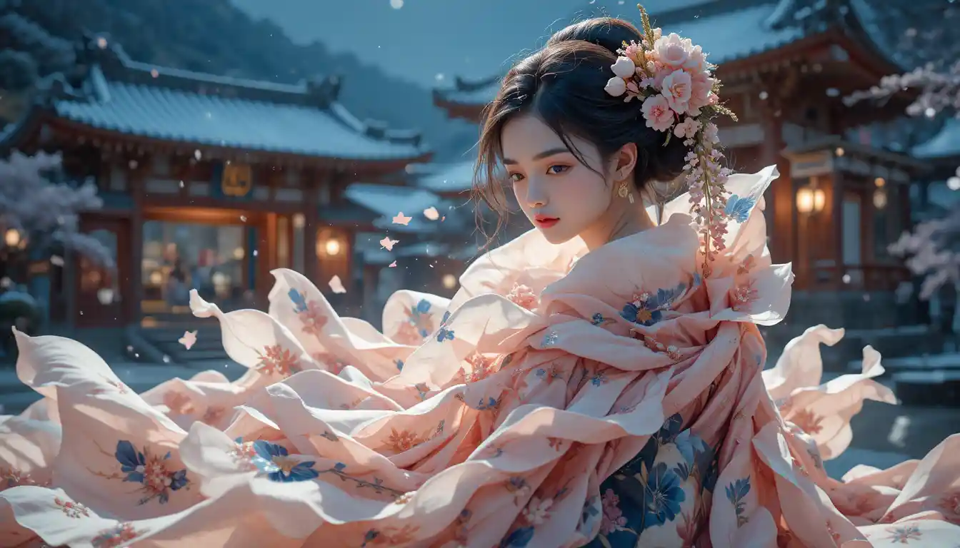 Young girl wrapped in porcelain like flower petals