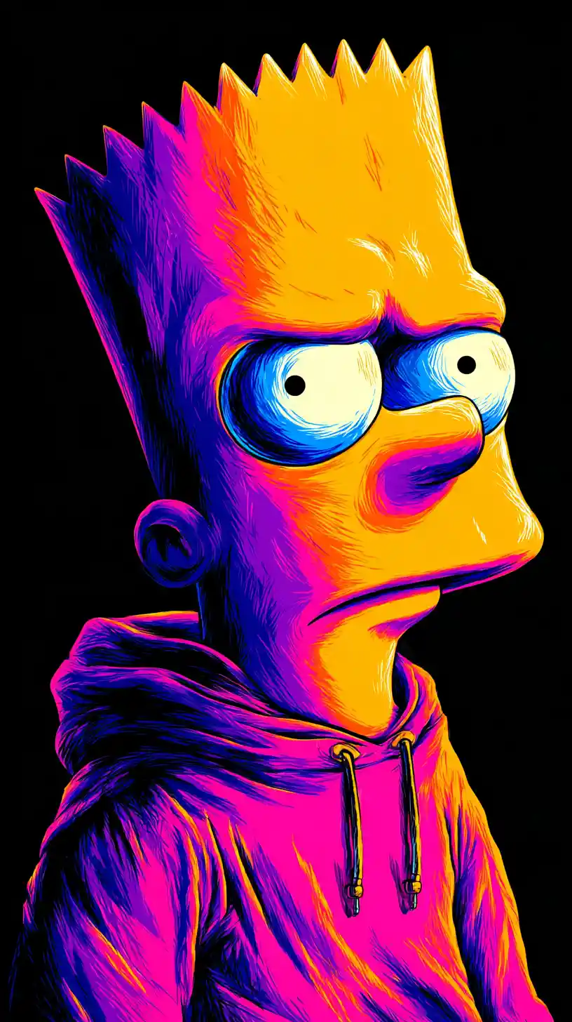 Retrato de menino carrancudo em desenho com iluminação neon por baixo