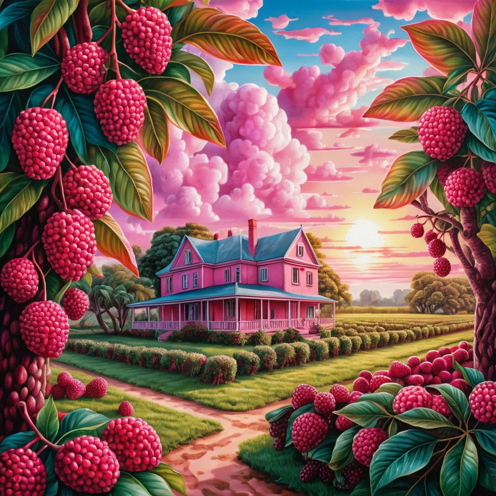 Surreal Sunrise Orchard With Pink Lychee And Mulberry Fruits