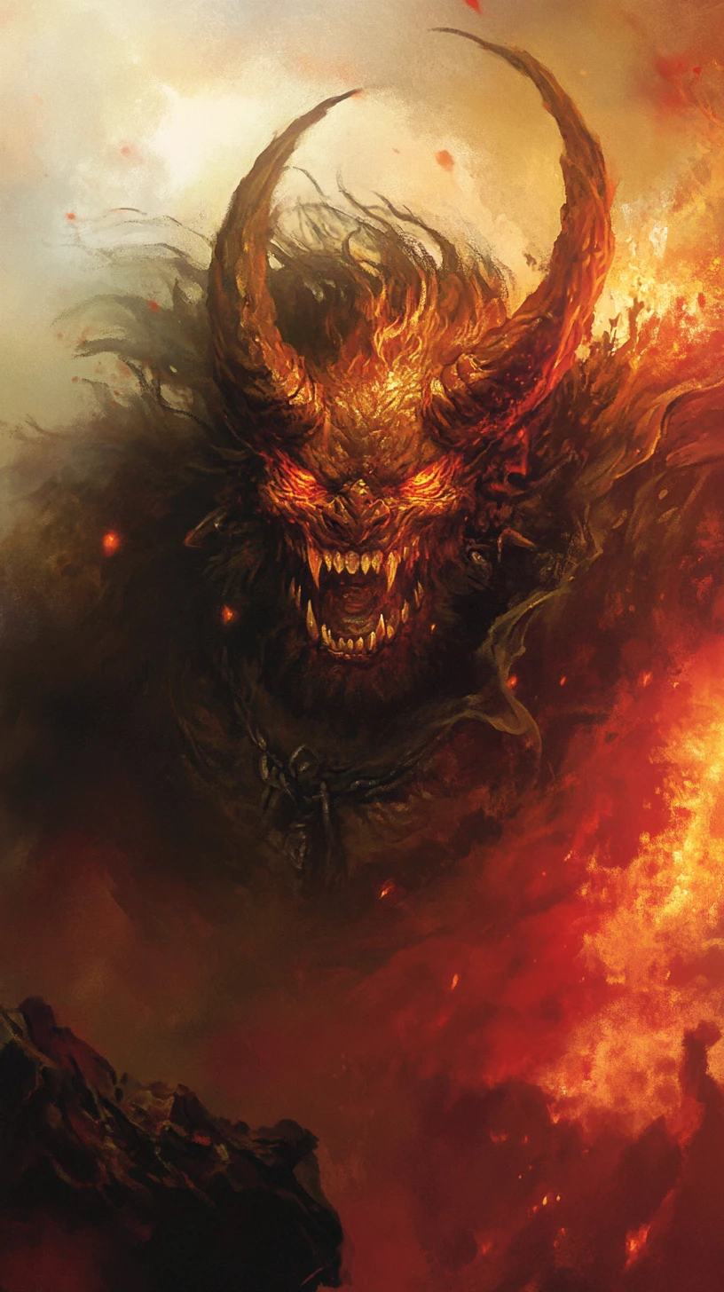 Furious Oni Demon In Flames Japanese Ink Painting